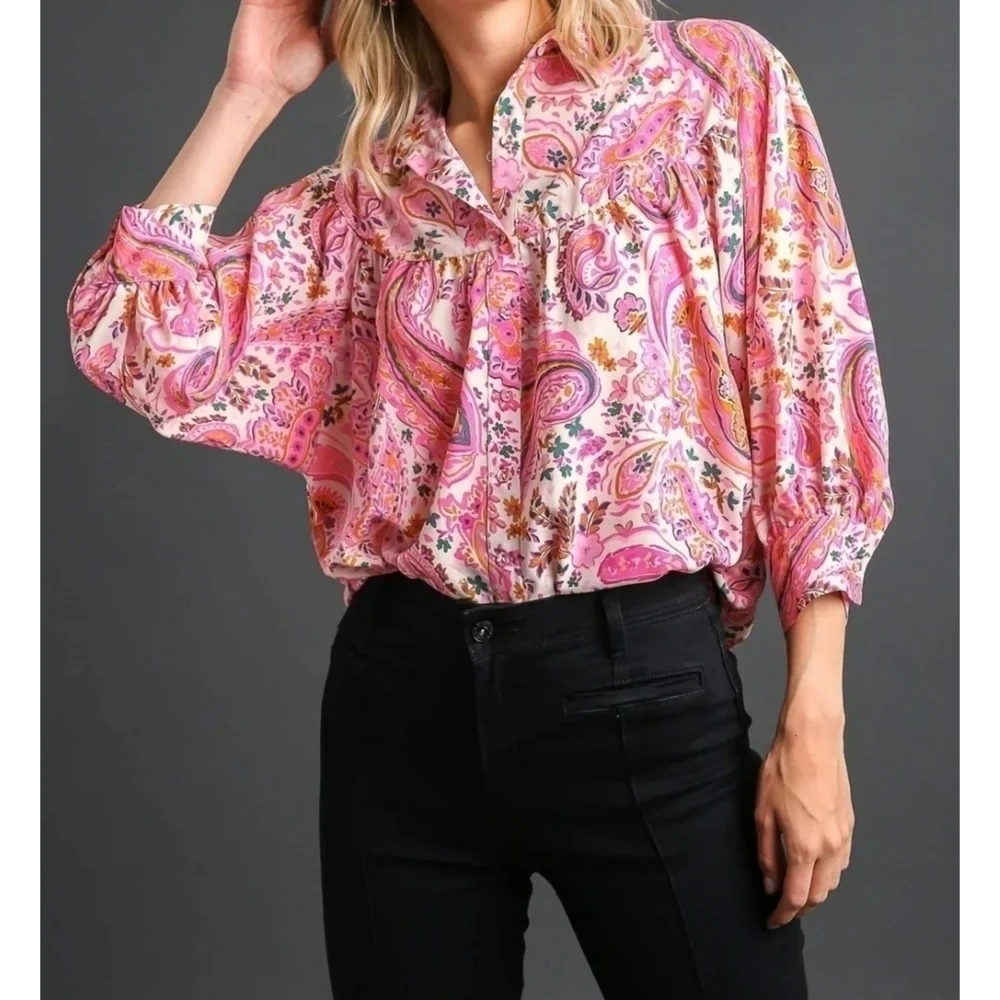 Umgee Pink Paisley Collared Button-Down Blouse Shirt Medium Lightweight - Picture 1 of 10